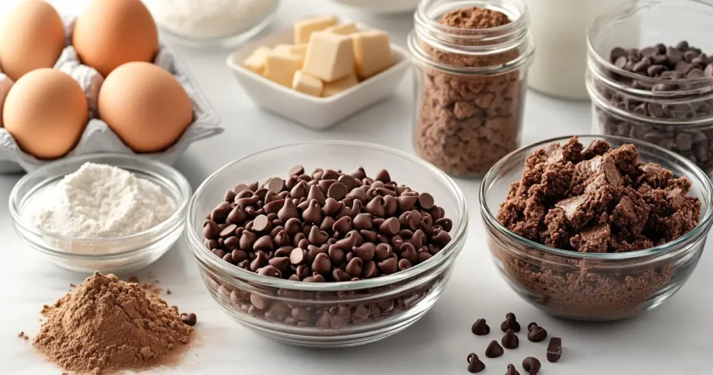 Key ingredients for the ultimate brookie recipe, including chocolate chips, butter, sugar, and flour.