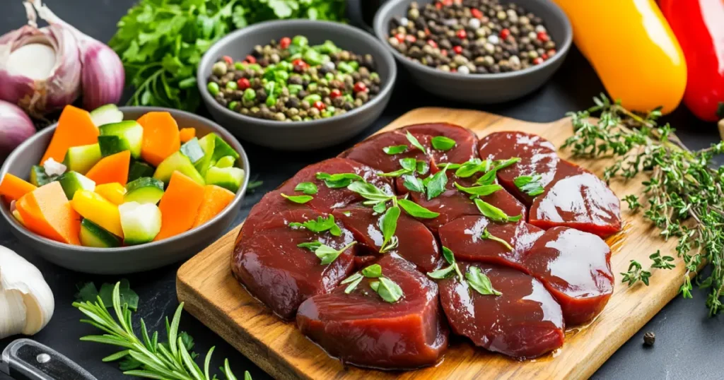 Fresh beef heart surrounded by garlic, onions, herbs, and vegetables for an easy recipe.