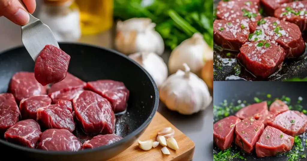 Step-by-step guide showing how to cook beef heart, from cleaning to searing and simmering.