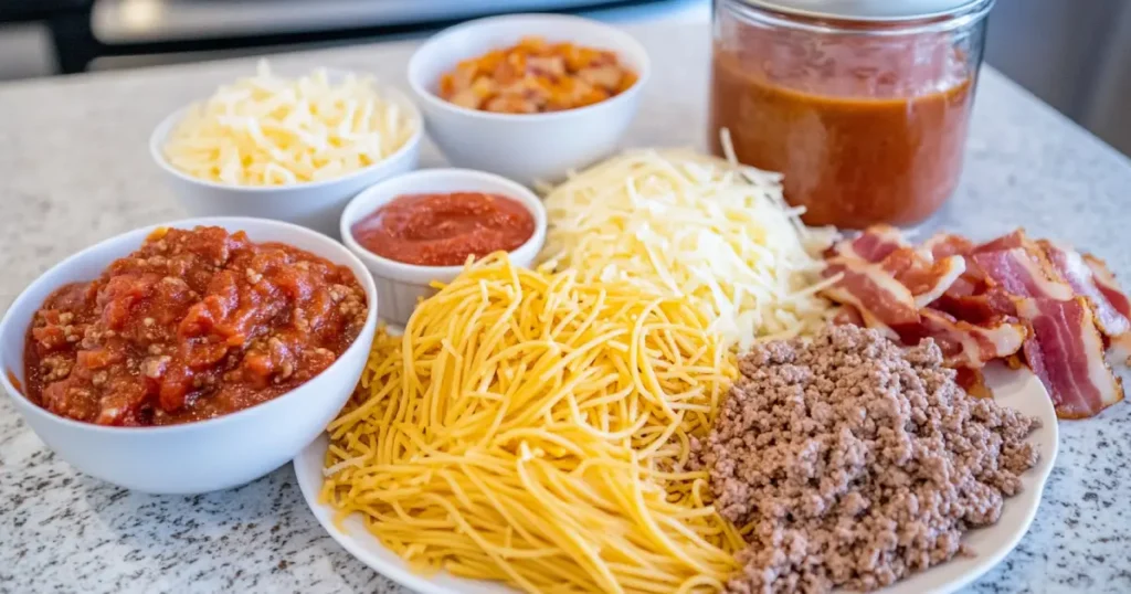 Main ingredients for cowboy spaghetti, including spaghetti pasta, ground beef, bacon, cheddar cheese, and tomato sauce.