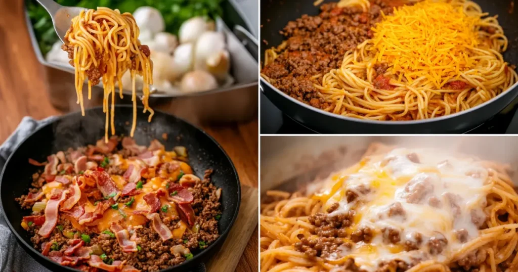 Step-by-step process of making cowboy spaghetti, including cooking bacon, ground beef, and combining with pasta and cheese.