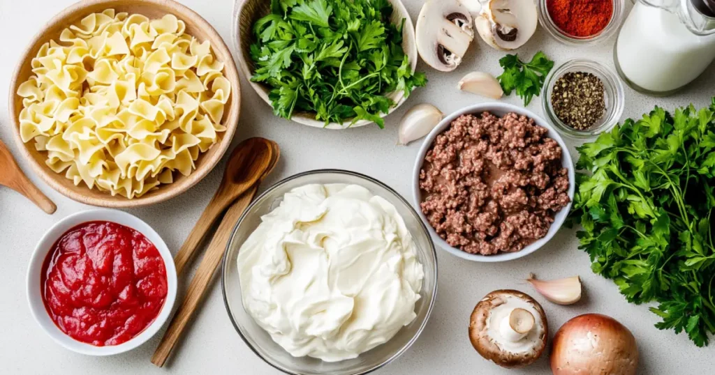 Ingredients for homemade Hamburger Helper Stroganoff, including ground beef, egg noodles, sour cream, beef broth, and flavor boosters like garlic, onions, Worcestershire sauce, and mushrooms.