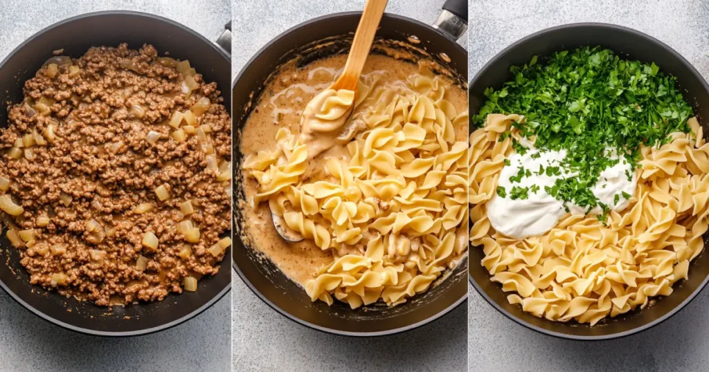 Step-by-step process of making Hamburger Helper Stroganoff, including browning ground beef, adding sauce ingredients, cooking egg noodles, and stirring in sour cream.