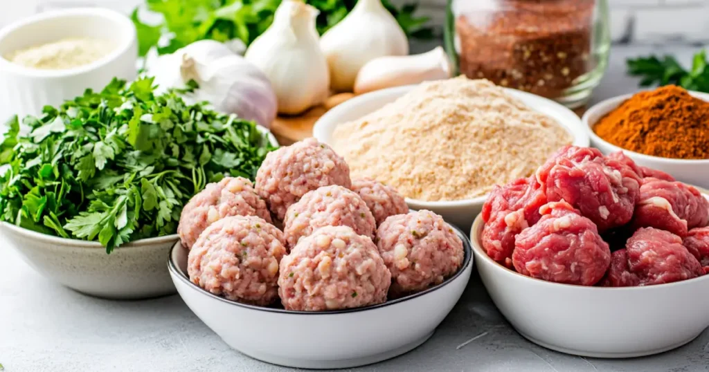  Key ingredients for gluten-free meatballs, including ground beef, turkey, and chicken, along with spices.