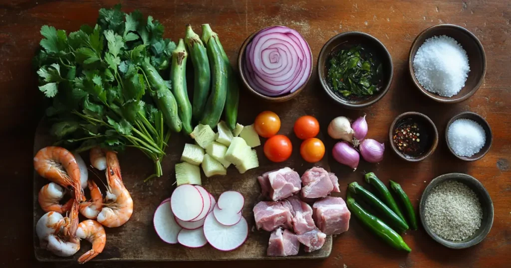 Ingredients for Authentic Sinigang: Fresh Produce and Aromatics on a Rustic Wooden Counter