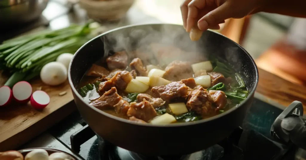 A steaming pot of savory stew with tender chunks of meat, leafy greens, and diced vegetables, being garnished with fresh spices by hand in a cozy kitchen setting.