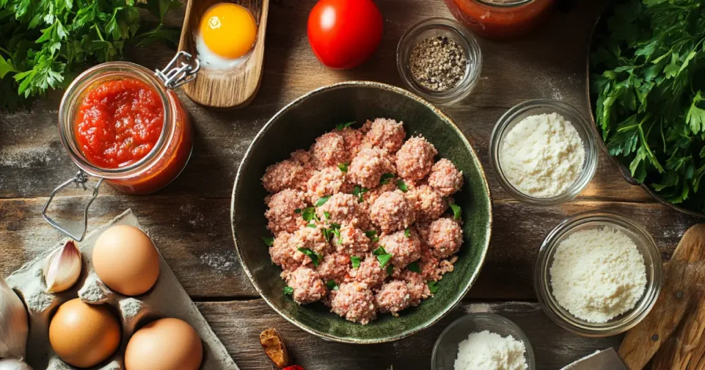  A rustic wooden table with a bowl of freshly prepared raw meatballs garnished with parsley, surrounded by ingredients like eggs, tomato sauce, Parmesan cheese, garlic, and fresh herbs.