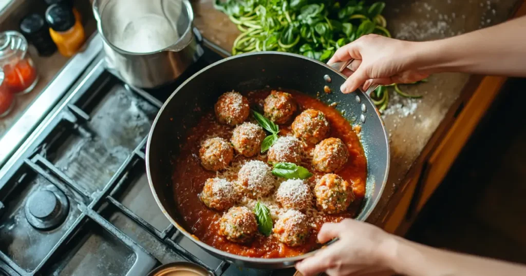 A skillet filled with freshly cooked meatballs in a rich tomato sauce, garnished with Parmesan cheese and basil, being served on a stovetop.