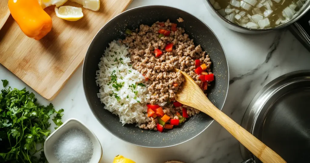 A skillet containing cooked ground meat, white rice, and diced red peppers, garnished with parsley, surrounded by fresh ingredients like bell peppers, parsley, and lemon on a marble countertop.