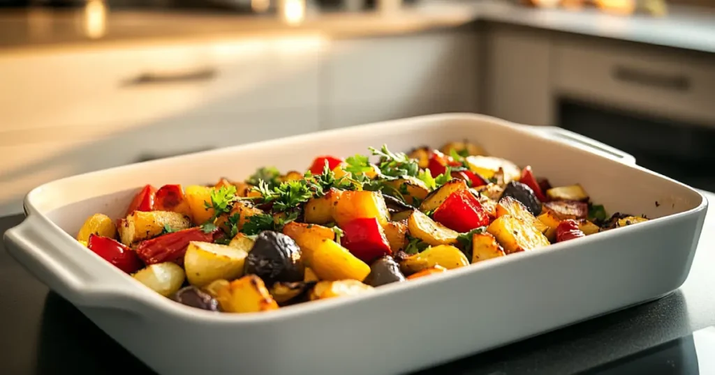 A white baking dish filled with golden roasted vegetables, including potatoes, red peppers, and eggplants, garnished with fresh parsley, set in a bright kitchen.