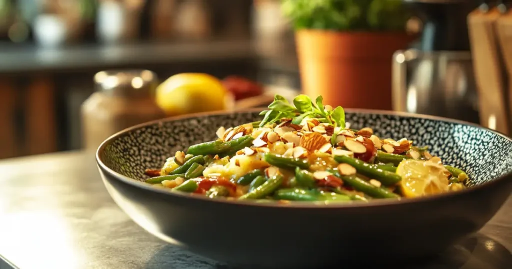 A black bowl filled with sautéed green beans, cherry tomatoes, lemon slices, and topped with sliced almonds and fresh herbs, set on a kitchen countertop with a warm ambiance.