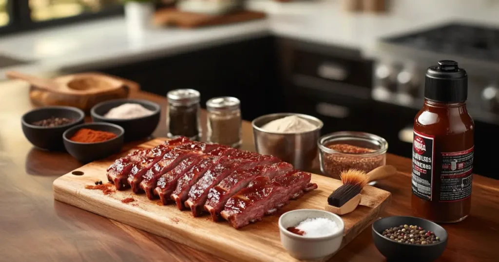 BBQ Glazed Pork Ribs with Spices and Sauce on a Rustic Wooden Board