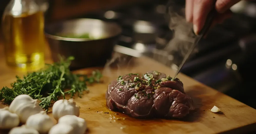 Herb-Stuffed Beef Roast Being Prepared for Cooking