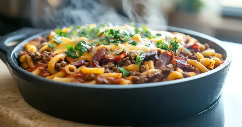 Cheesy Beef and Bacon Pasta Bake in a Cast Iron Skillet