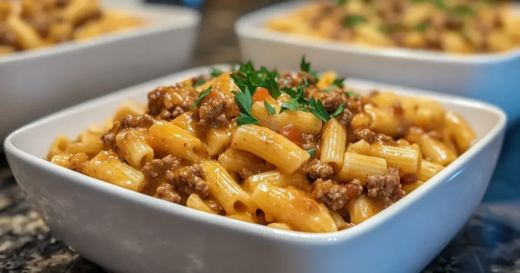 Creamy Beef Pasta Served in White Bowls