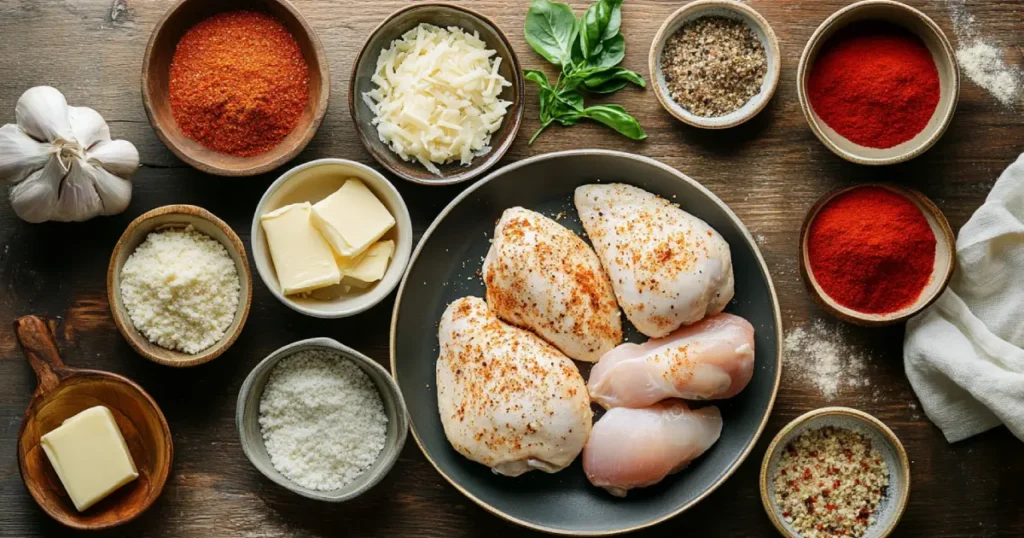 Fresh ingredients for Longhorn Parmesan Crusted Chicken, including chicken breasts, Parmesan cheese, ranch dressing, breadcrumbs, and seasonings, arranged on a rustic wooden table.