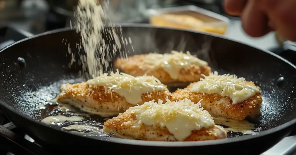 A step-by-step guide to preparing Parmesan Crusted Chicken, showing hands coating chicken breasts with breadcrumbs and Parmesan cheese on a rustic wooden table