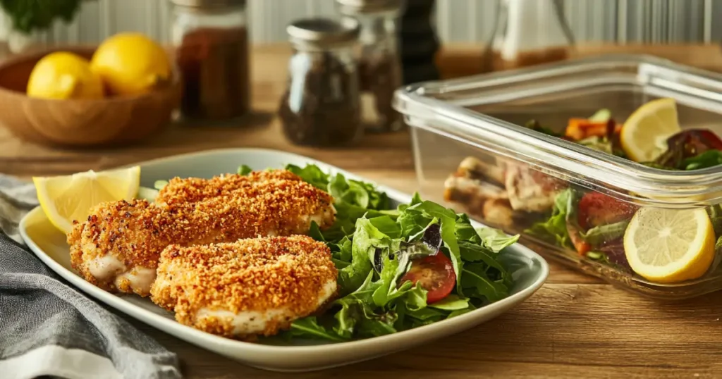 A plate of freshly made Parmesan Crusted Chicken served with roasted vegetables and a side of creamy sauce, presented on a rustic wooden table with natural lighting.