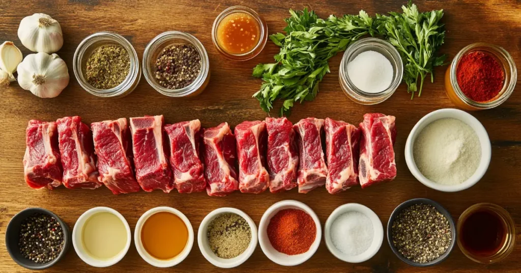 Ingredients for cooking boneless beef short ribs, including fresh beef ribs, garlic, onions, herbs, spices, and broth, arranged on a rustic wooden table.