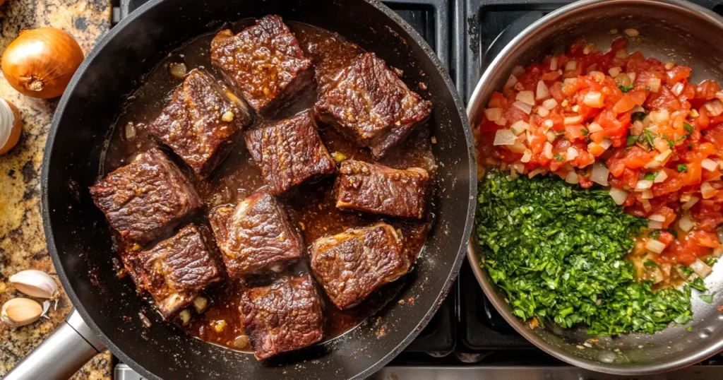 Step-by-step process of cooking boneless beef short ribs, showing seasoned ribs searing in a skillet and simmering in a flavorful broth on a rustic stovetop.