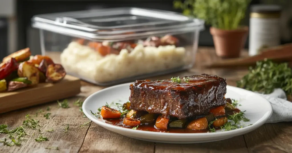 Boneless beef short ribs served on a rustic plate with mashed potatoes and roasted vegetables, garnished with fresh herbs, alongside a storage container for leftovers.