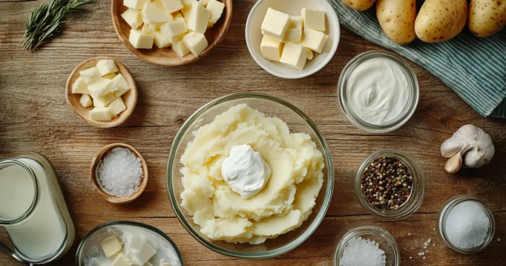 Fresh ingredients for mashed potatoes with sour cream, including potatoes, sour cream, butter, milk, salt, and pepper, arranged on a rustic wooden table."