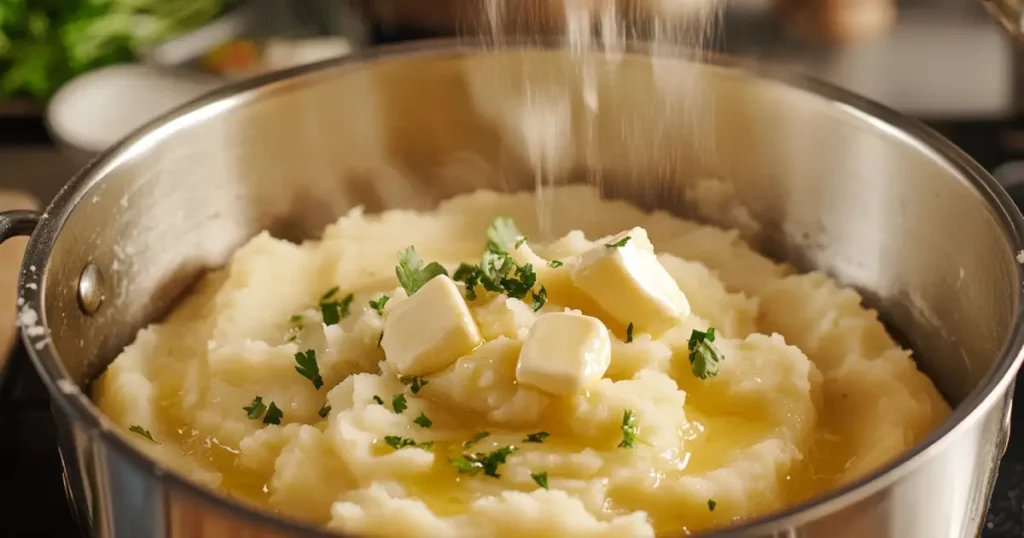 Step-by-step process for making creamy mashed potatoes, featuring boiled potatoes being mashed with sour cream, butter, and milk in a rustic kitchen setting.