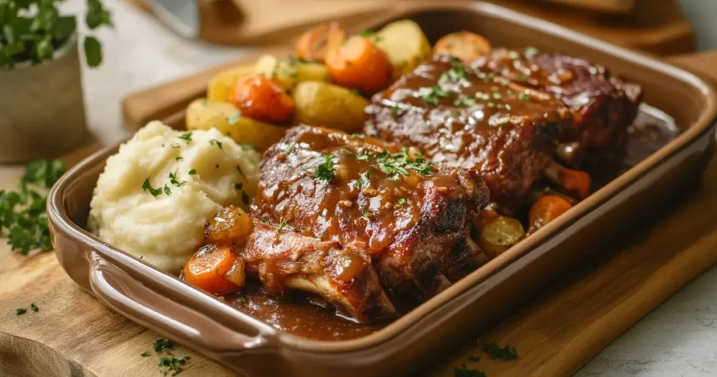 Boneless chuck eye ribs served on a rustic platter with roasted vegetables, garnished with fresh herbs, alongside a container for storing leftovers.