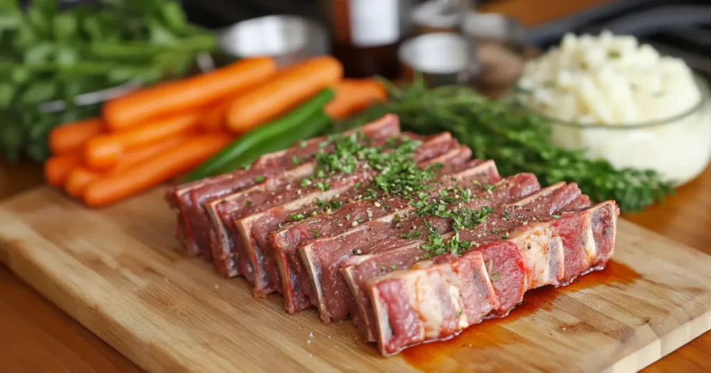 Step-by-step preparation of boneless tender beef chuck eye ribs, featuring seasoned ribs being seared in a cast-iron skillet and slow-cooked with aromatic herbs and broth.