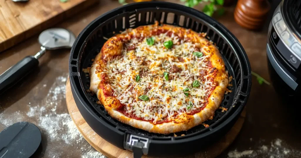 Frozen pizza being cooked in an air fryer, showing the pizza crisping to perfection with melted cheese and golden edges on a kitchen countertop.