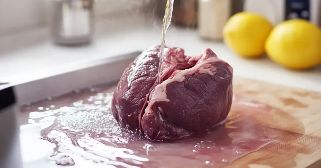 Raw beef heart being trimmed and cleaned on a wooden cutting board, with a sharp knife and bowl of water in a rustic kitchen setting.