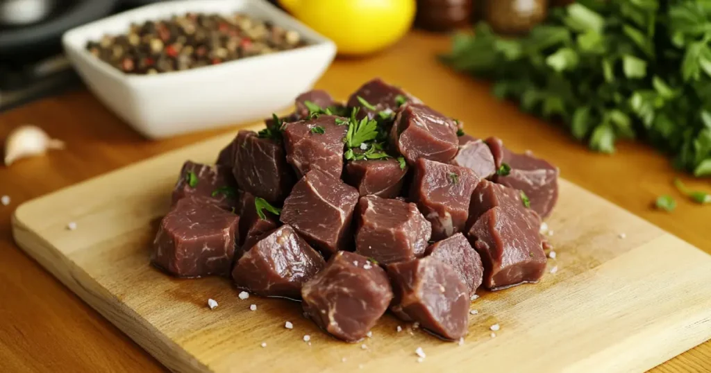 Step-by-step process of cooking beef heart, showing slices being seared in a hot skillet with butter and garlic, served with fresh herbs on a rustic plate