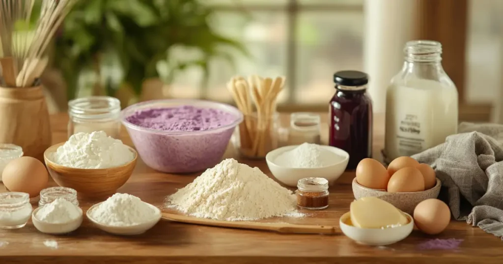 Ingredients for taro-flavored pancake recipe, including taro powder, flour, eggs, milk, sugar, baking powder, and butter, arranged on a rustic wooden countertop.