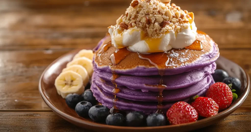 Freshly made taro pancakes stacked on a plate, drizzled with syrup, topped with whipped cream and taro chunks, served alongside a cup of tea and fresh fruit.