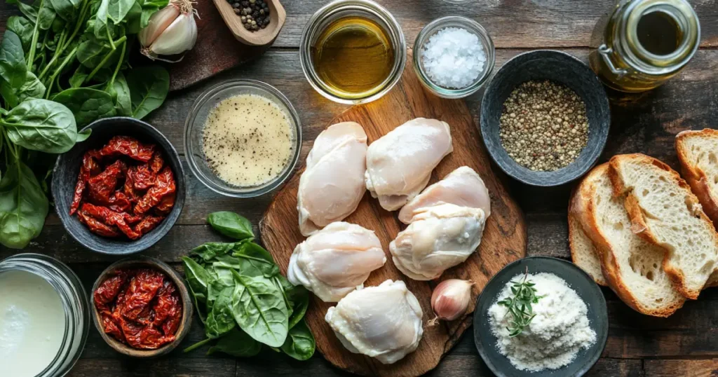 Fresh ingredients for Marry Me Chicken Soup, including chicken breasts, heavy cream, sun-dried tomatoes, garlic, chicken broth, Parmesan cheese, and Italian seasoning on a rustic wooden table.