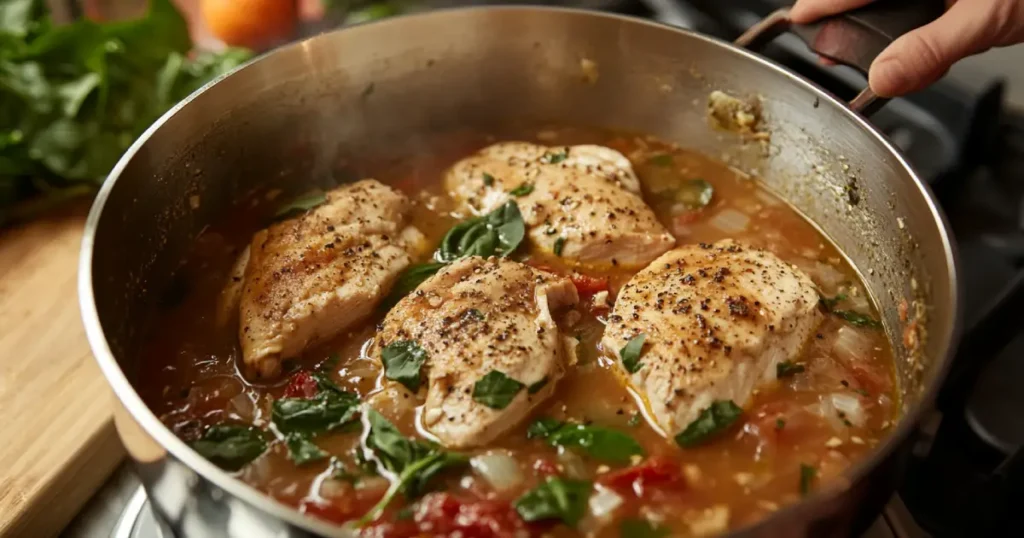 Step-by-step preparation of Marry Me Chicken Soup, showing chicken simmering in a creamy broth with sun-dried tomatoes, garlic, and Italian seasoning on a stovetop.