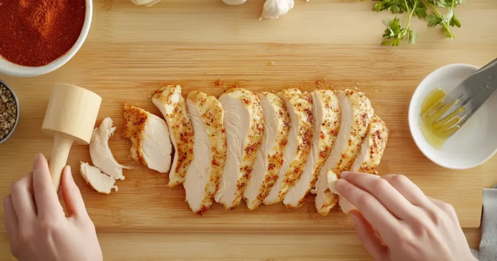 Thin chicken breasts being prepared for baking, seasoned with salt, pepper, and olive oil, arranged on a baking sheet lined with parchment paper on a rustic wooden countertop