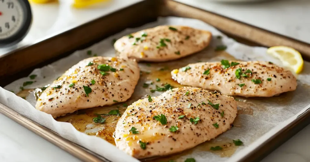 Step-by-step process of baking thin chicken breasts, showing seasoned chicken placed on a baking sheet, ready to go into the oven at 350 degrees.