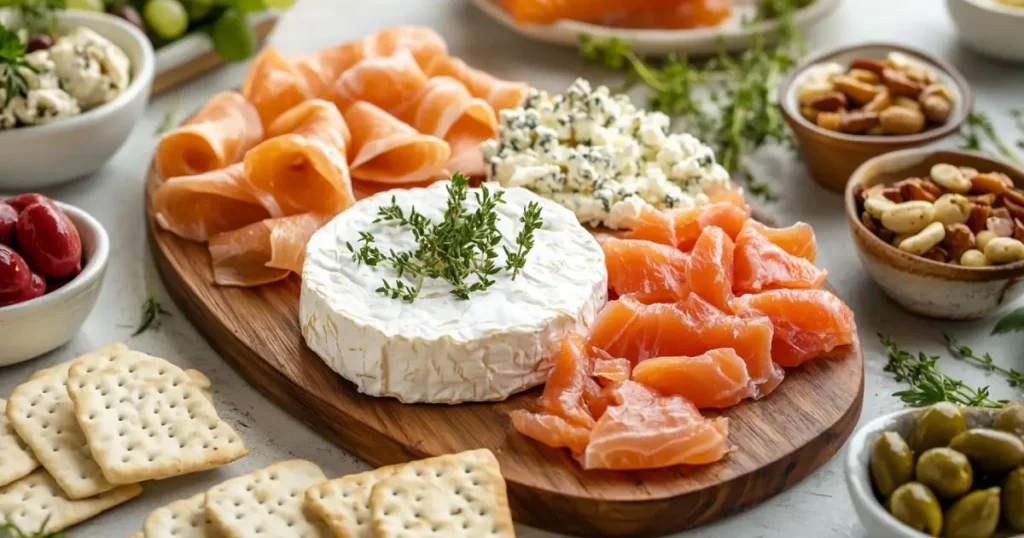 Fresh goat cheese spread on a rustic cracker, topped with smoked salmon, garnished with fresh dill and a drizzle of olive oil, served on a wooden platter.