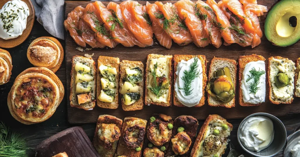 Elegant serving platter featuring smoked salmon paired with cheese varieties, crackers, fresh herbs, and lemon wedges on a rustic wooden table.