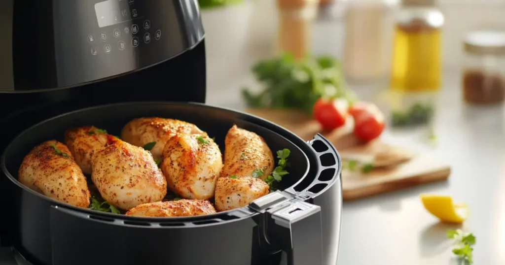 Frozen chicken breast seasoned and placed in an air fryer basket, showing step-by-step preparation and cooking process for a juicy, golden finish