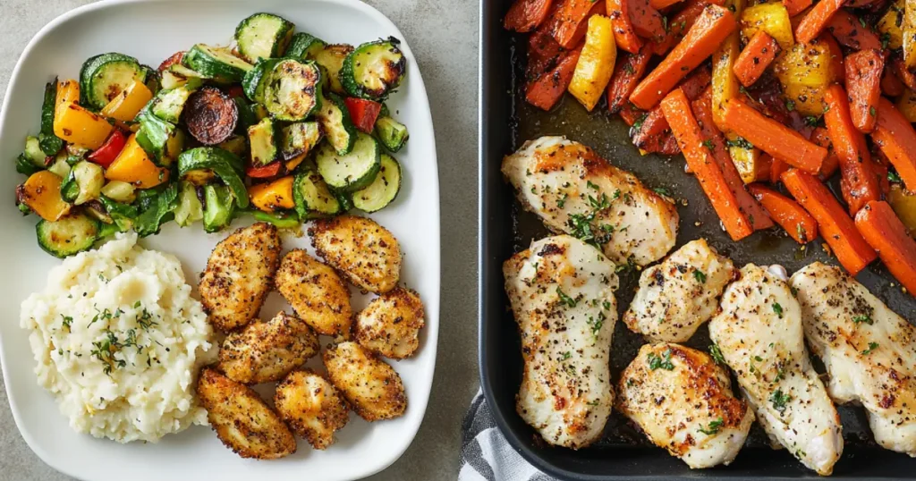 Air-fried chicken served with creamy mashed potatoes, roasted vegetables, and a side of tangy barbecue sauce, beautifully plated on a rustic wooden table.