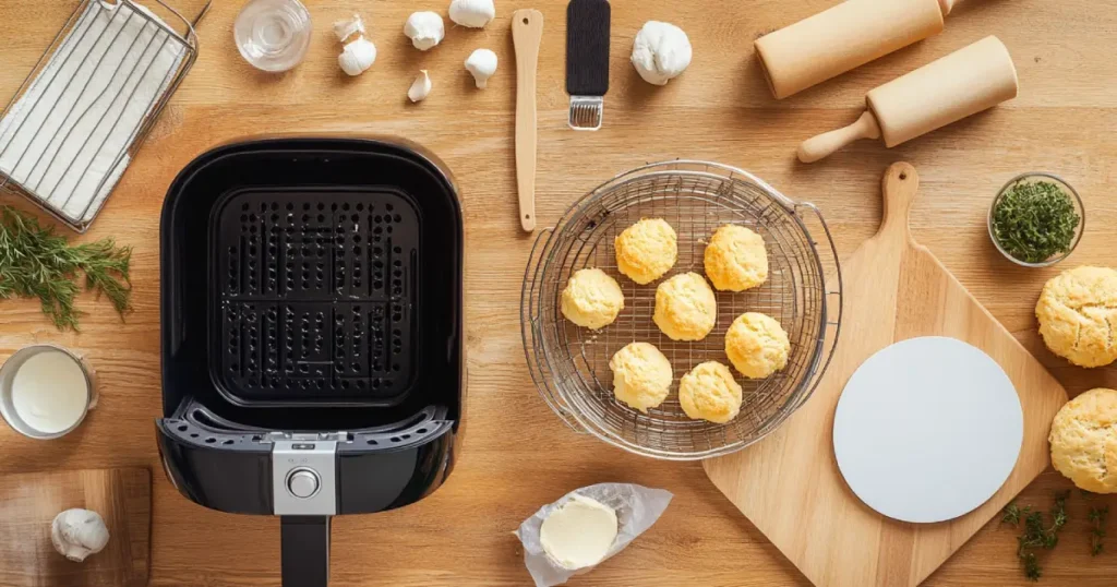 Essential tools for cooking biscuits in an air fryer, including an air fryer, silicone tongs, parchment paper, and a pastry brush on a kitchen countertop.