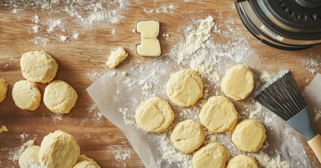 Freshly prepared biscuits brushed with melted butter, ready to be placed in the air fryer basket lined with parchment paper on a clean kitchen surface.