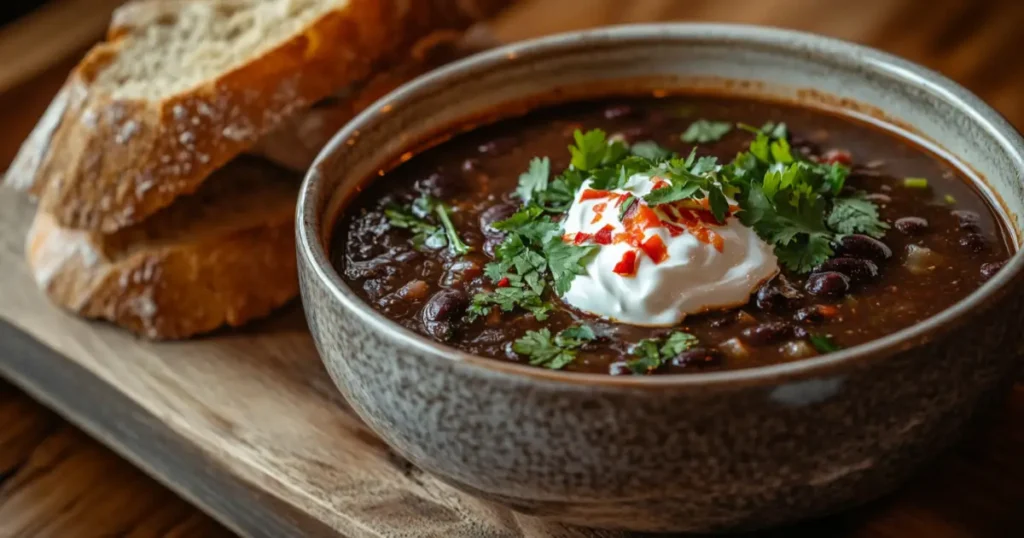 A bowl of black bean soup garnished with sour cream, fresh cilantro, and chili flakes, served with slices of rustic bread.