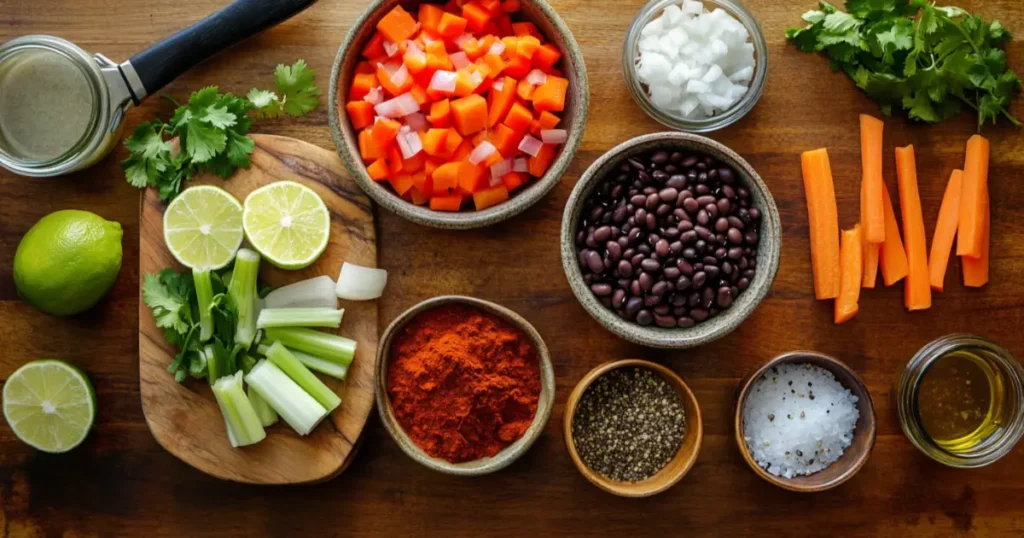 A flat-lay of fresh ingredients for black bean soup, including black beans, vegetables, and spices, arranged on a wooden surface.