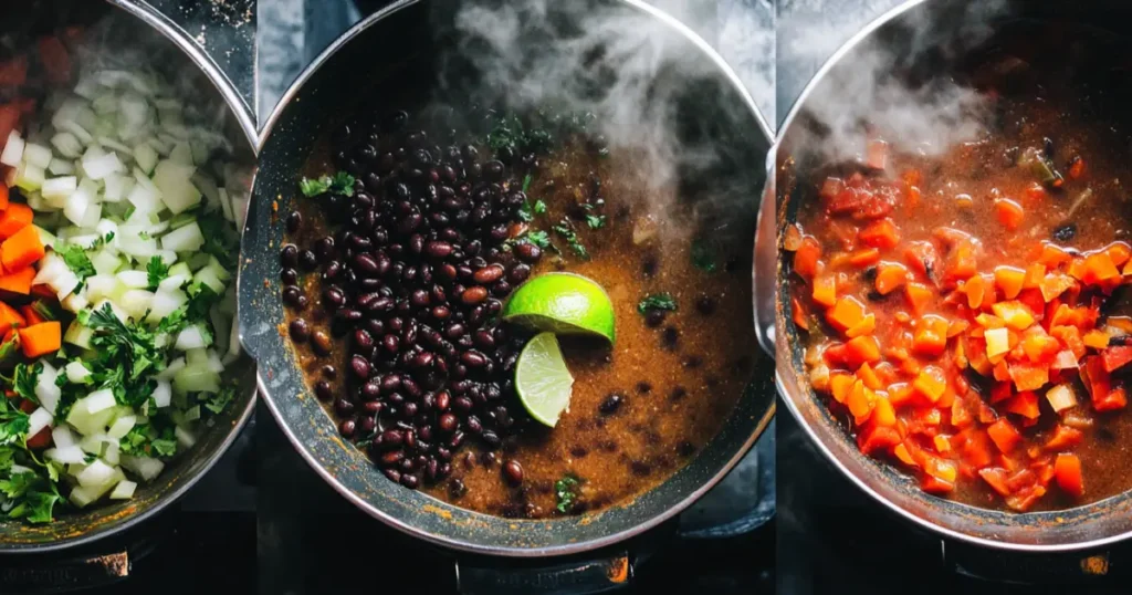 Three pots showing the process of making black bean soup with fresh ingredients and steaming flavors.