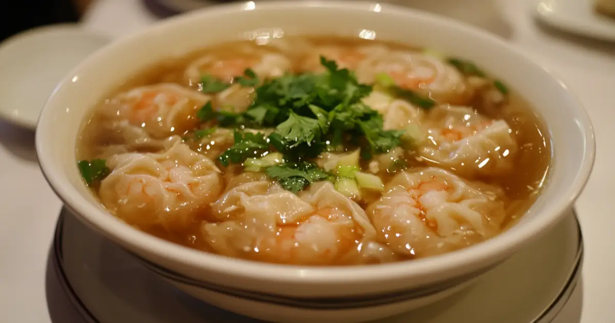 A warm bowl of wonton soup with delicate wontons floating in clear, flavorful broth, garnished with green onions and served with a side of soy sauce.