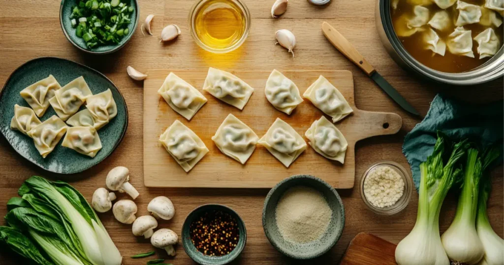 A warm bowl of wonton soup with delicate wontons floating in clear, flavorful broth, garnished with green onions and served with a side of soy sauce.