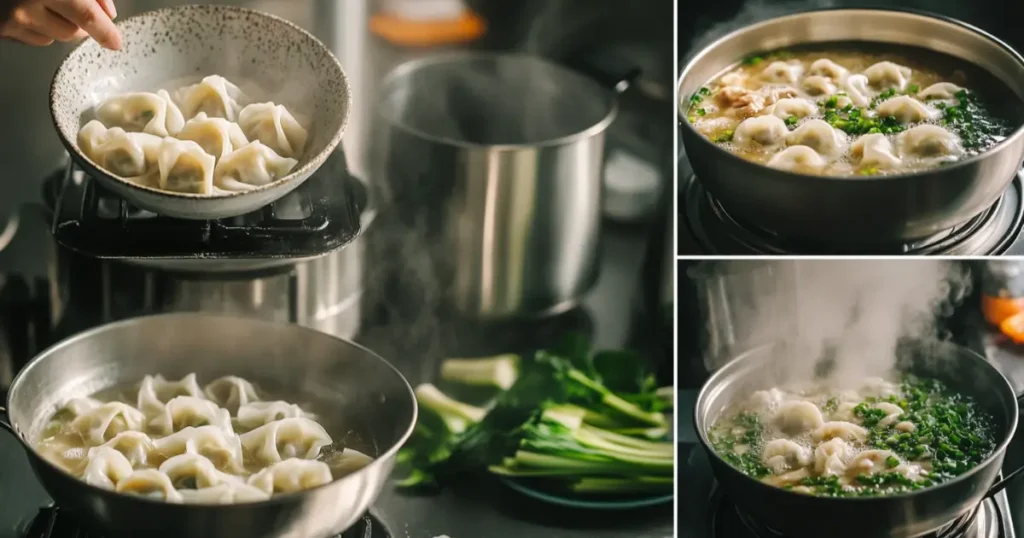 A warm bowl of wonton soup with delicate wontons floating in clear, flavorful broth, garnished with green onions and served with a side of soy sauce.